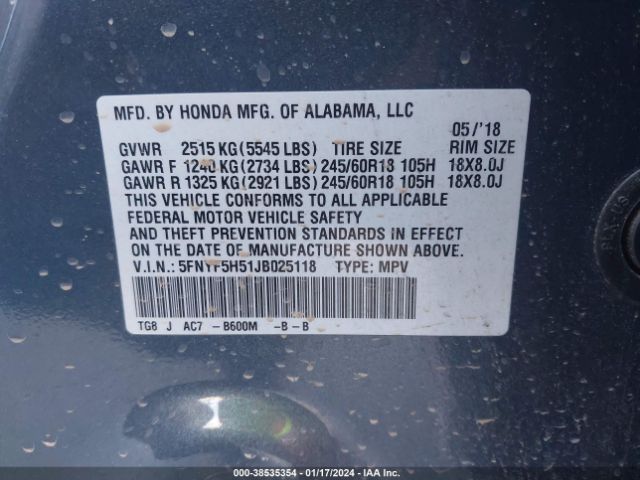 Photo 8 VIN: 5FNYF5H51JB025118 - HONDA PILOT 