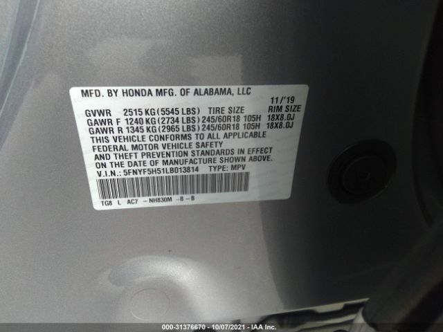 Photo 8 VIN: 5FNYF5H51LB013814 - HONDA PILOT 