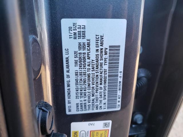 Photo 9 VIN: 5FNYF5H51MB021297 - HONDA PILOT EXL 