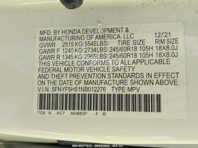 Photo 8 VIN: 5FNYF5H51NB012276 - HONDA PILOT 