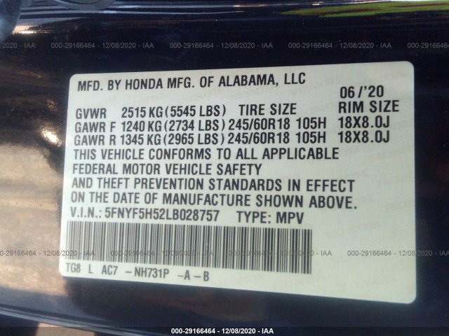 Photo 8 VIN: 5FNYF5H52LB028757 - HONDA PILOT EXL 