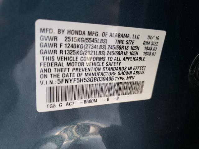 Photo 9 VIN: 5FNYF5H53GB039496 - HONDA PILOT EXL 