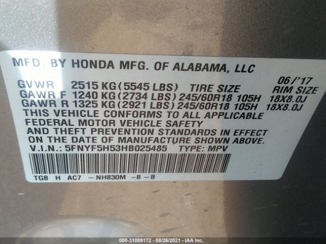 Photo 8 VIN: 5FNYF5H53HB025485 - HONDA PILOT 