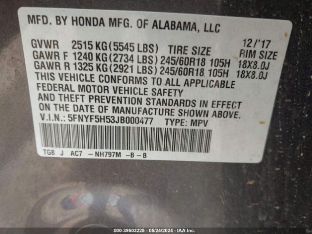 Photo 8 VIN: 5FNYF5H53JB000477 - HONDA PILOT 