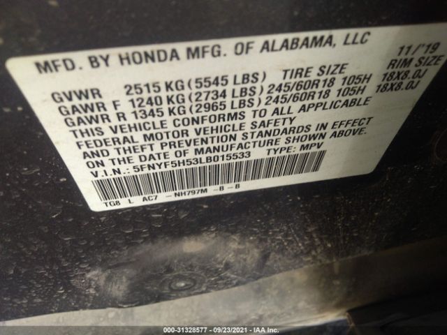 Photo 8 VIN: 5FNYF5H53LB015533 - HONDA PILOT 