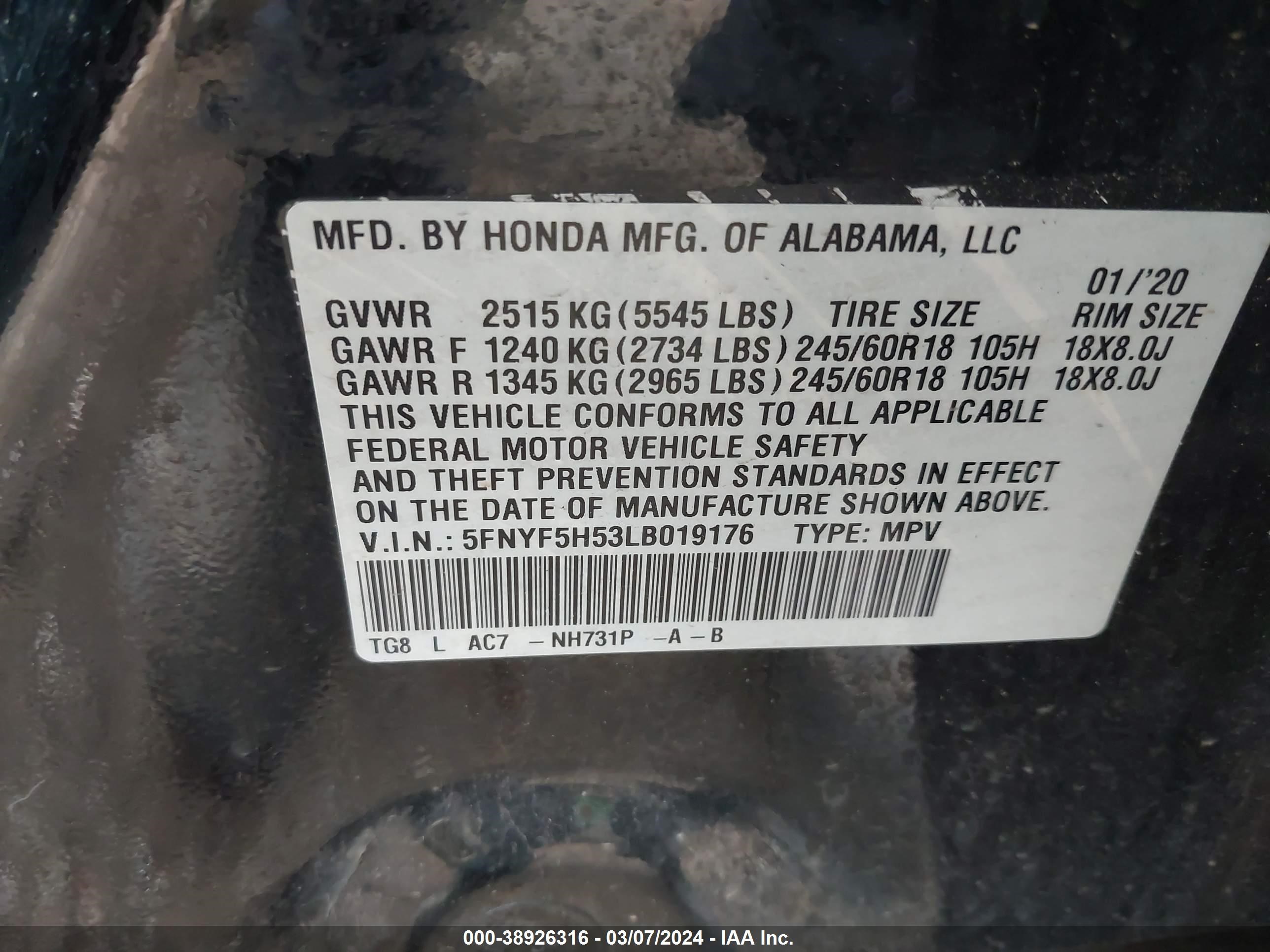 Photo 9 VIN: 5FNYF5H53LB019176 - HONDA PILOT 