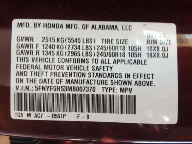 Photo 9 VIN: 5FNYF5H53MB007370 - HONDA PILOT EXL 