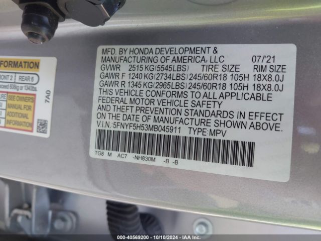 Photo 8 VIN: 5FNYF5H53MB045911 - HONDA PILOT 