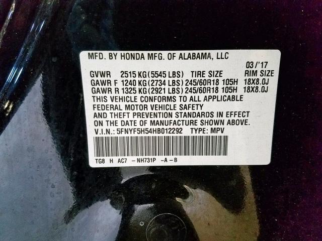 Photo 9 VIN: 5FNYF5H54HB012292 - HONDA PILOT EXL 