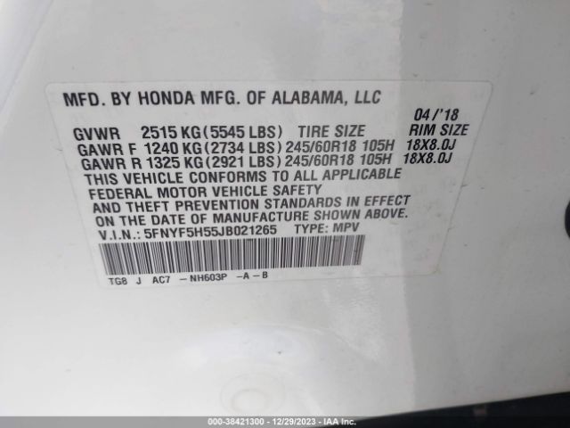 Photo 8 VIN: 5FNYF5H55JB021265 - HONDA PILOT 