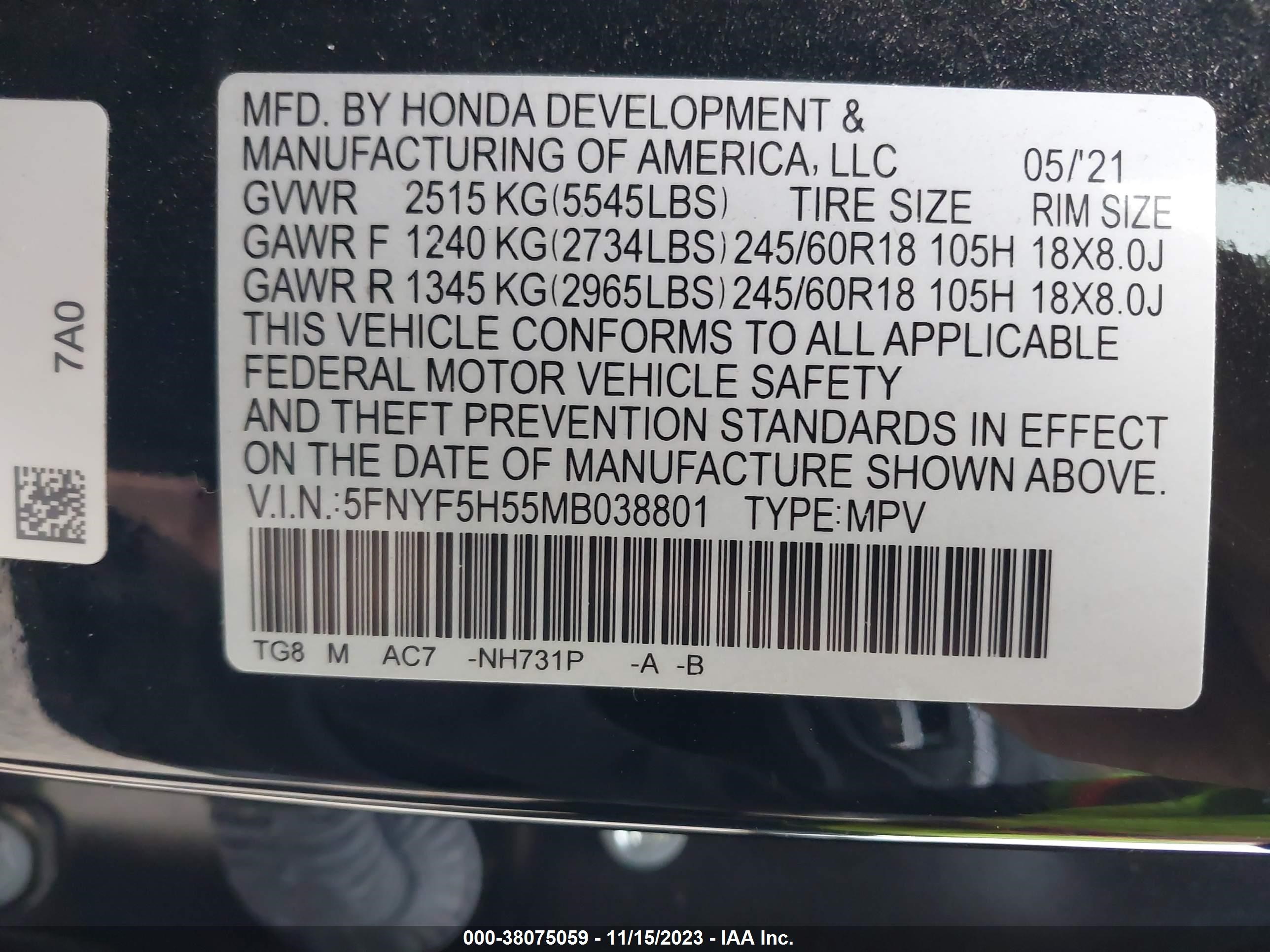 Photo 8 VIN: 5FNYF5H55MB038801 - HONDA PILOT 