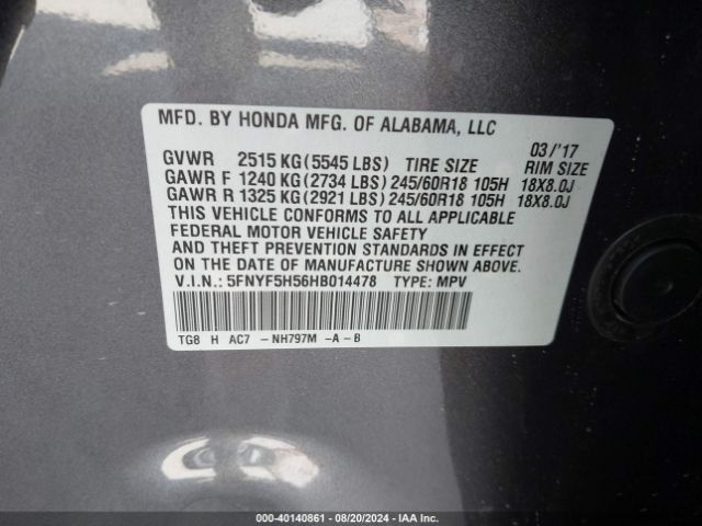 Photo 8 VIN: 5FNYF5H56HB014478 - HONDA PILOT 