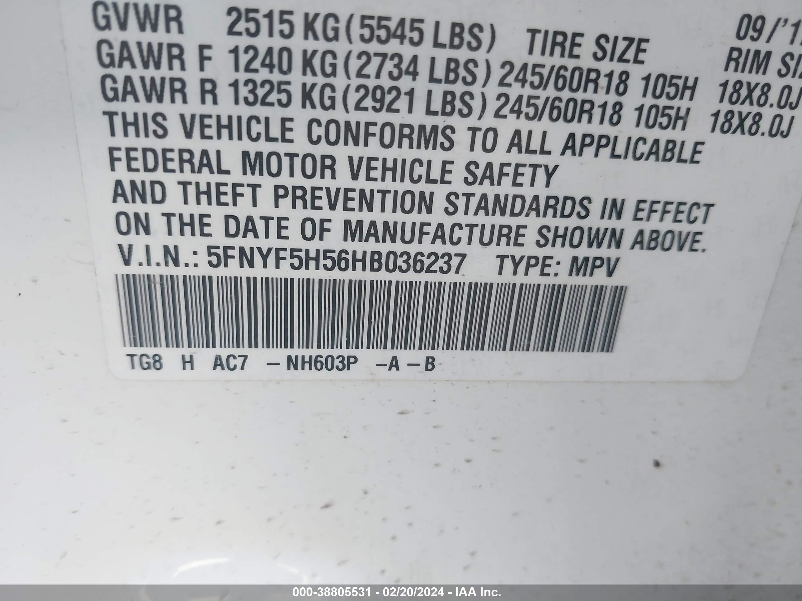 Photo 8 VIN: 5FNYF5H56HB036237 - HONDA PILOT 