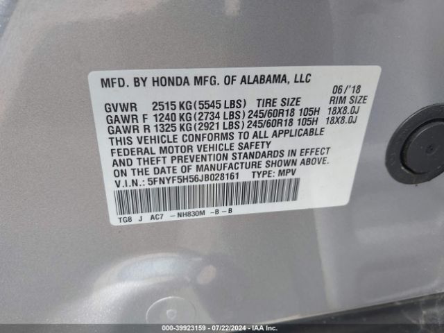 Photo 8 VIN: 5FNYF5H56JB028161 - HONDA PILOT 