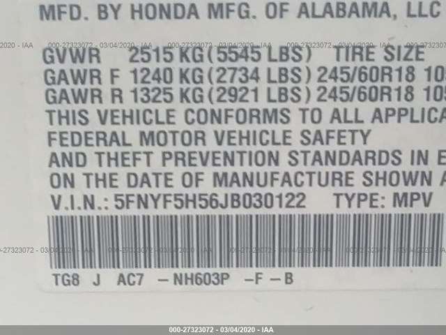 Photo 8 VIN: 5FNYF5H56JB030122 - HONDA PILOT 