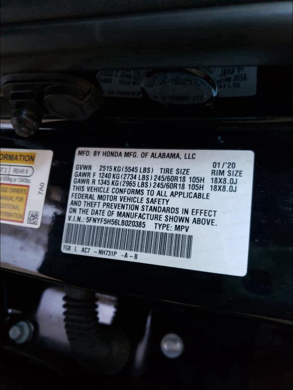 Photo 9 VIN: 5FNYF5H56LB020385 - HONDA PILOT EXL 