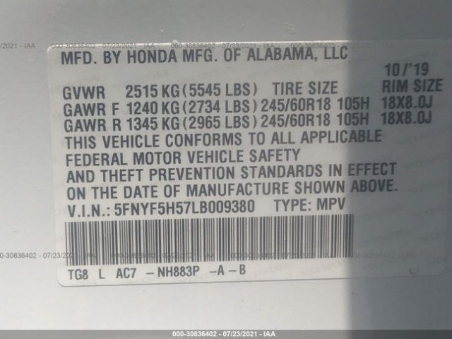 Photo 8 VIN: 5FNYF5H57LB009380 - HONDA PILOT 