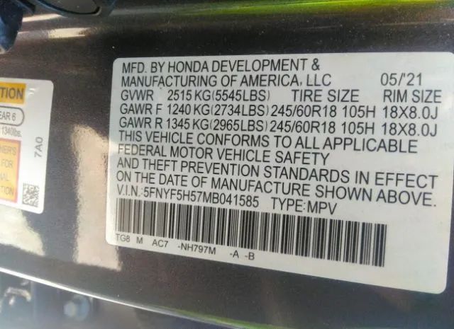 Photo 8 VIN: 5FNYF5H57MB041585 - HONDA PILOT 