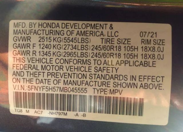 Photo 8 VIN: 5FNYF5H57MB045555 - HONDA PILOT 