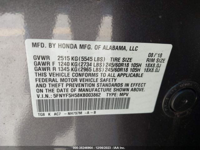 Photo 8 VIN: 5FNYF5H58KB003862 - HONDA PILOT 