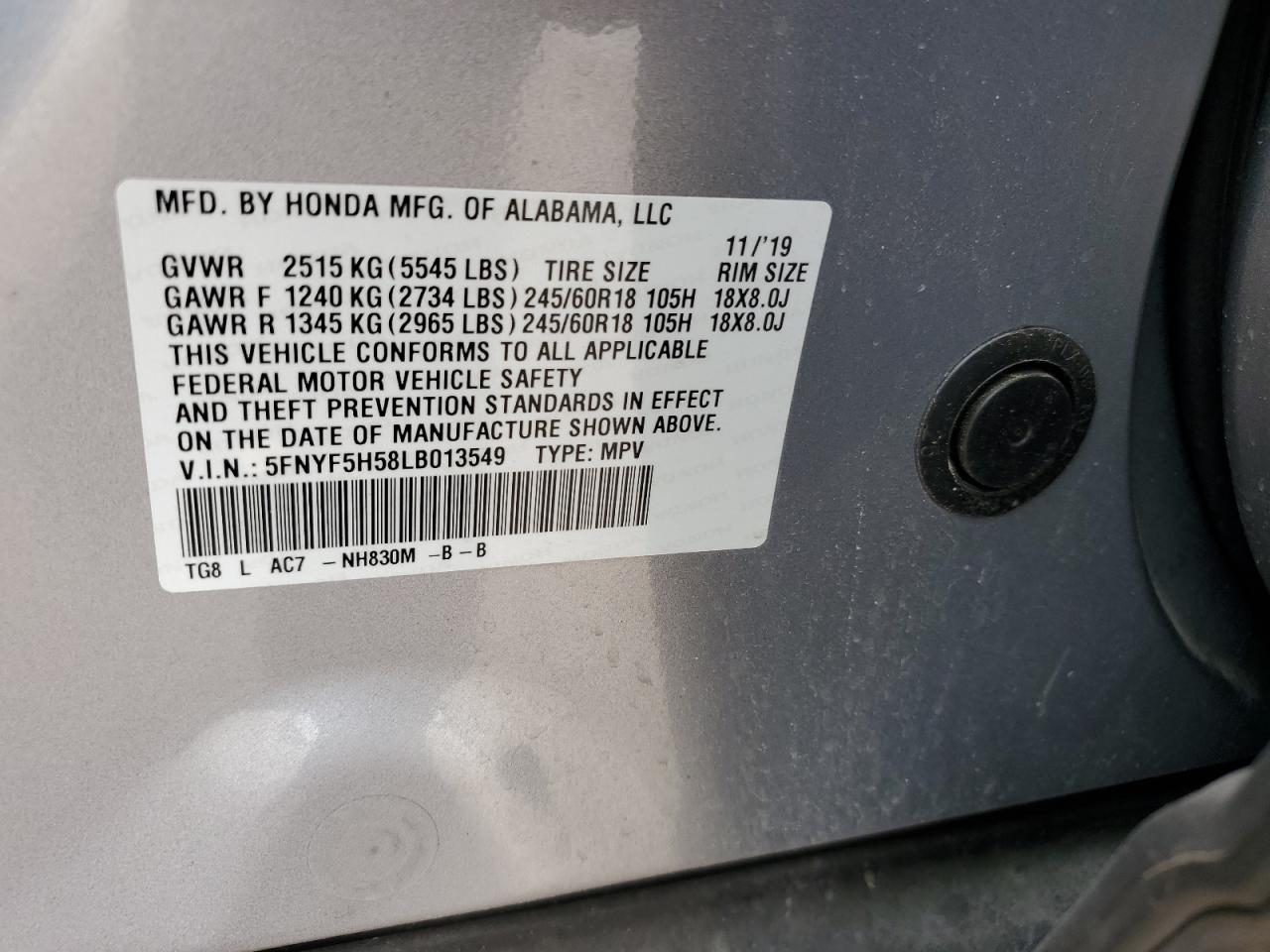 Photo 12 VIN: 5FNYF5H58LB013549 - HONDA PILOT 