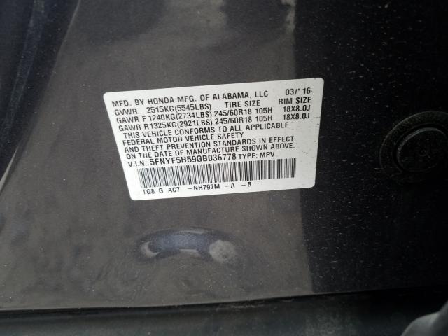 Photo 9 VIN: 5FNYF5H59GB036778 - HONDA PILOT EXL 