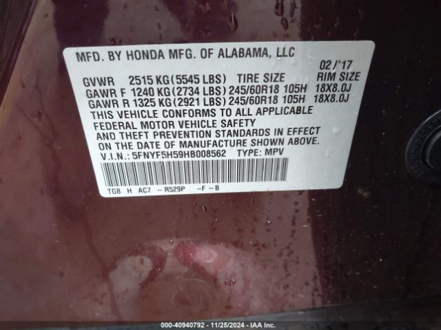 Photo 8 VIN: 5FNYF5H59HB008562 - HONDA PILOT 