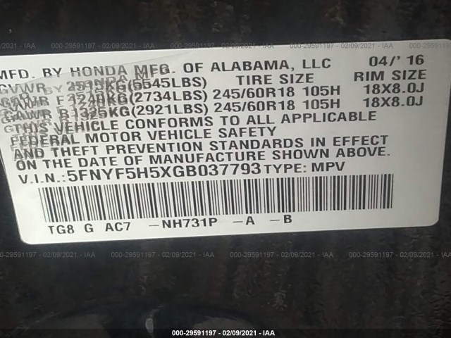 Photo 8 VIN: 5FNYF5H5XGB037793 - HONDA PILOT 