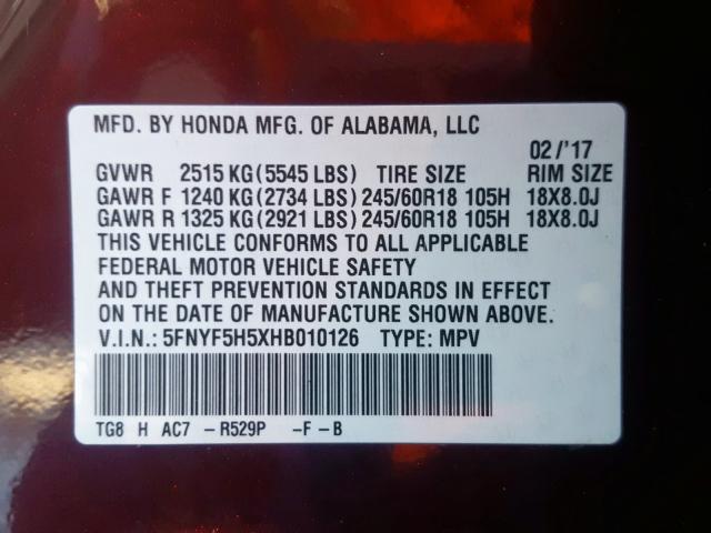 Photo 9 VIN: 5FNYF5H5XHB010126 - HONDA PILOT EXL 