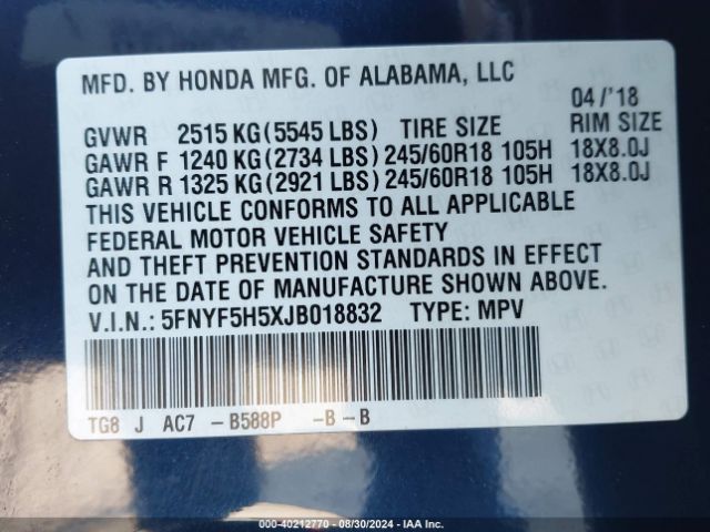 Photo 8 VIN: 5FNYF5H5XJB018832 - HONDA PILOT 