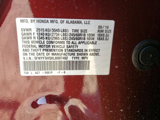 Photo 9 VIN: 5FNYF5H5XLB007462 - HONDA PILOT EXL 