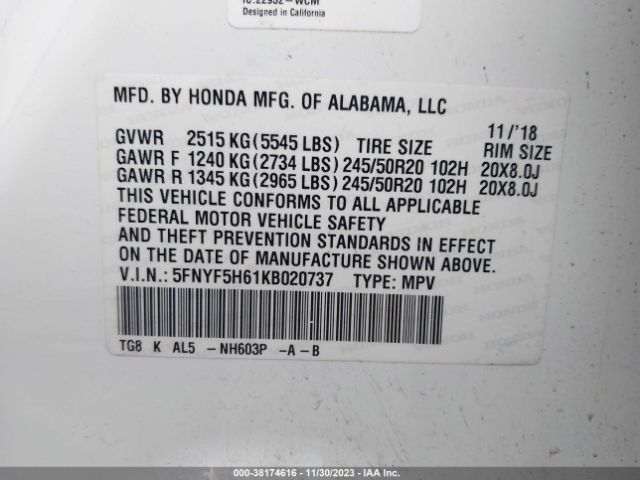 Photo 8 VIN: 5FNYF5H61KB020737 - HONDA PILOT 