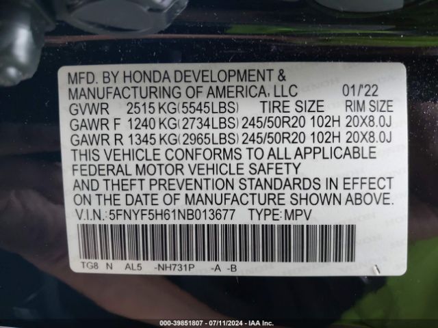 Photo 8 VIN: 5FNYF5H61NB013677 - HONDA PILOT 