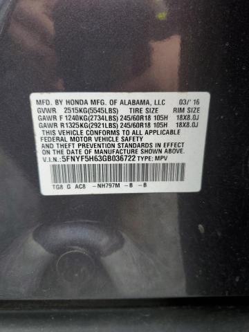 Photo 11 VIN: 5FNYF5H63GB036722 - HONDA PILOT EXL 