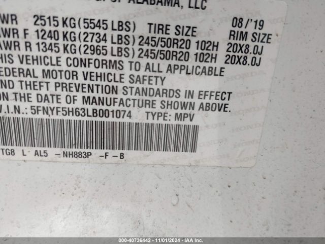 Photo 8 VIN: 5FNYF5H63LB001074 - HONDA PILOT 