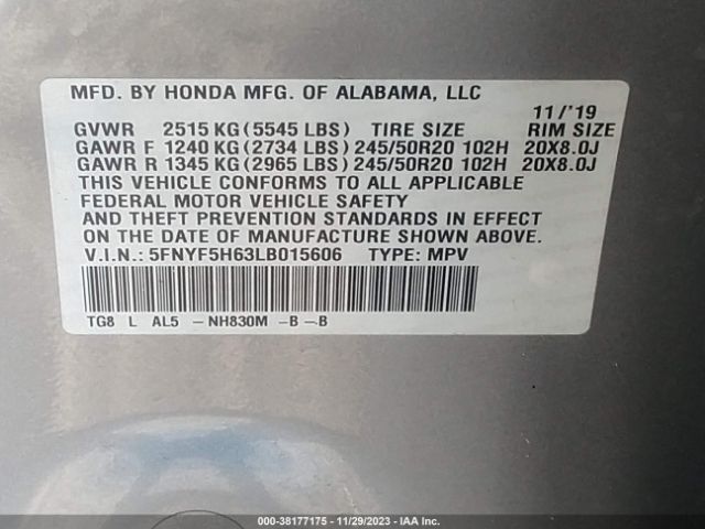 Photo 8 VIN: 5FNYF5H63LB015606 - HONDA PILOT 