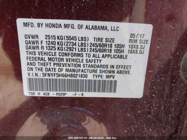 Photo 8 VIN: 5FNYF5H66HB021830 - HONDA PILOT 