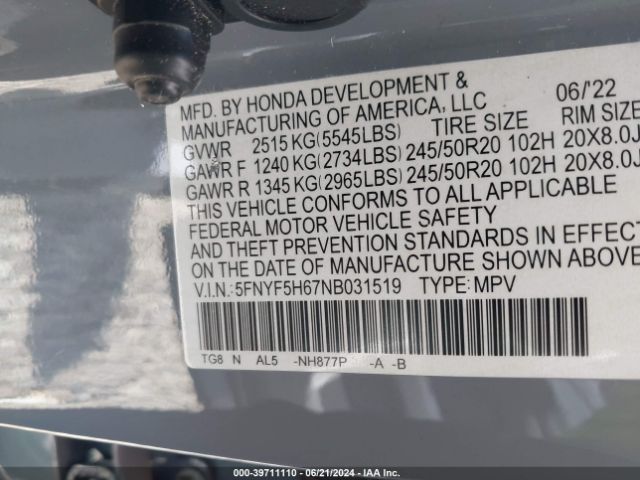 Photo 8 VIN: 5FNYF5H67NB031519 - HONDA PILOT 