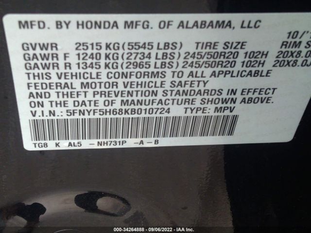 Photo 8 VIN: 5FNYF5H68KB010724 - HONDA PILOT 