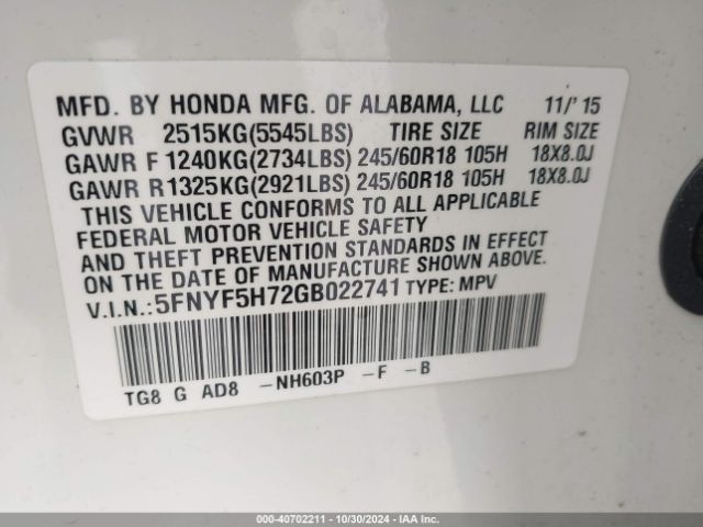 Photo 8 VIN: 5FNYF5H72GB022741 - HONDA PILOT 