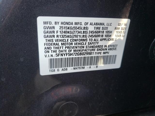 Photo 9 VIN: 5FNYF5H72GB029981 - HONDA PILOT EXLN 