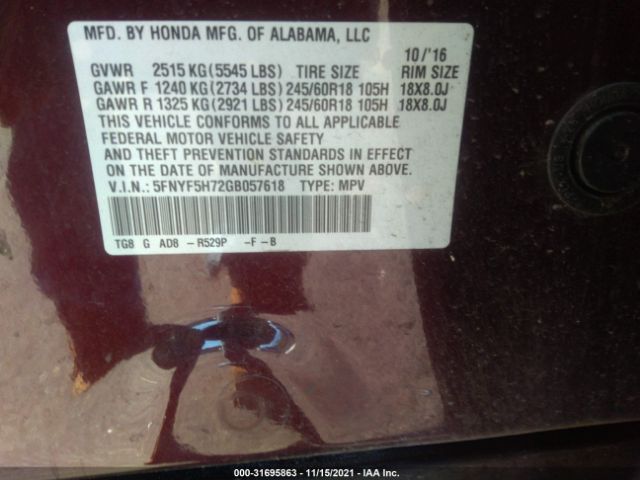 Photo 8 VIN: 5FNYF5H72GB057618 - HONDA PILOT 