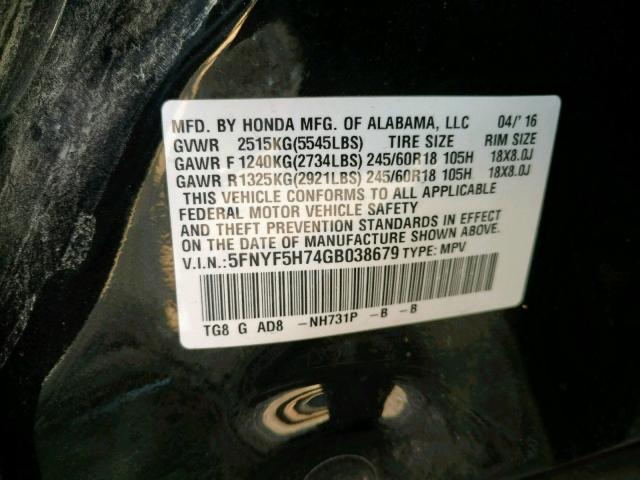 Photo 9 VIN: 5FNYF5H74GB038679 - HONDA PILOT EXLN 