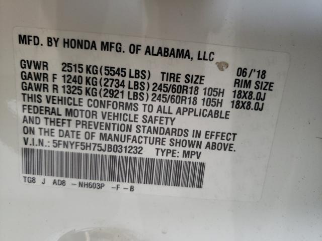 Photo 9 VIN: 5FNYF5H75JB031232 - HONDA PILOT EXLN 