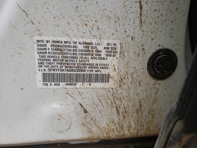 Photo 9 VIN: 5FNYF5H76GB030308 - HONDA PILOT EXLN 