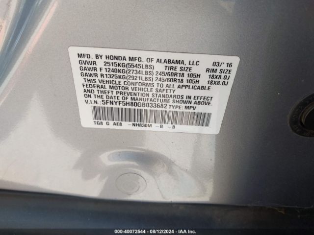 Photo 8 VIN: 5FNYF5H80GB033682 - HONDA PILOT 