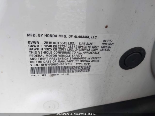 Photo 8 VIN: 5FNYF5H80HB017712 - HONDA PILOT 