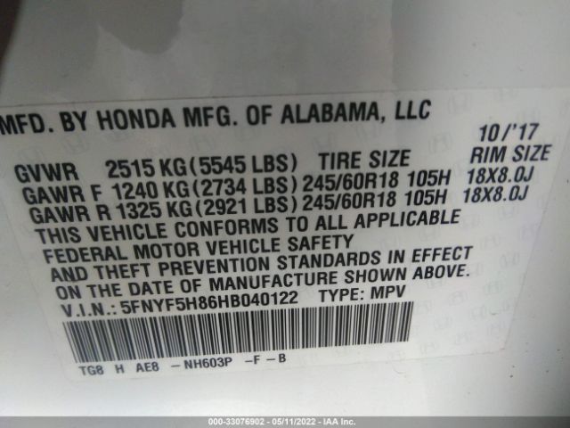 Photo 8 VIN: 5FNYF5H86HB040122 - HONDA PILOT 