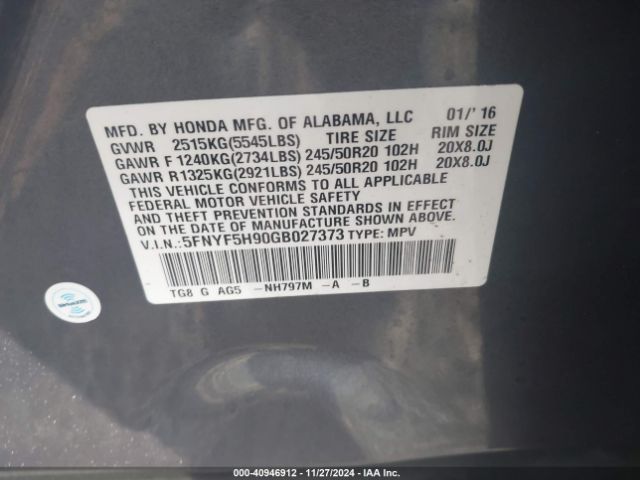 Photo 8 VIN: 5FNYF5H90GB027373 - HONDA PILOT 