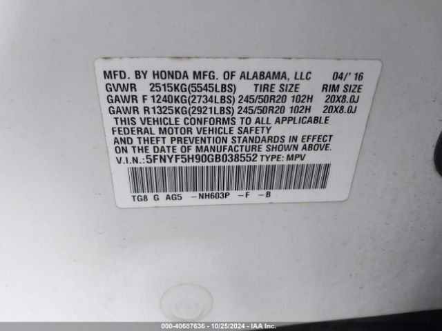 Photo 8 VIN: 5FNYF5H90GB038552 - HONDA PILOT 